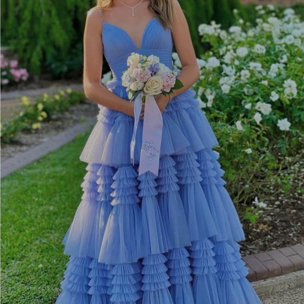 Sherri Hill Blue Layered Prom Dress